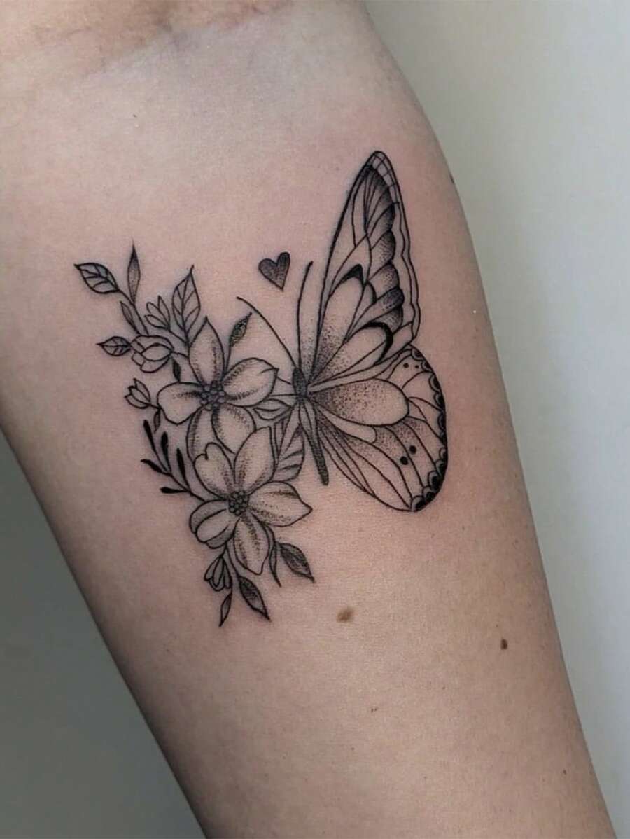 1 hoja de tatuaje con patrón de mariposa y flor, pegatina para hombro, cuerpo, espacio pequeño, tatuaje, arte corporal para niñas y niños - Negro - Ver 1