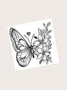 1 hoja de tatuaje con patrón de mariposa y flor, pegatina para hombro, cuerpo, espacio pequeño, tatuaje, arte corporal para niñas y niños - Negro - Ver 3