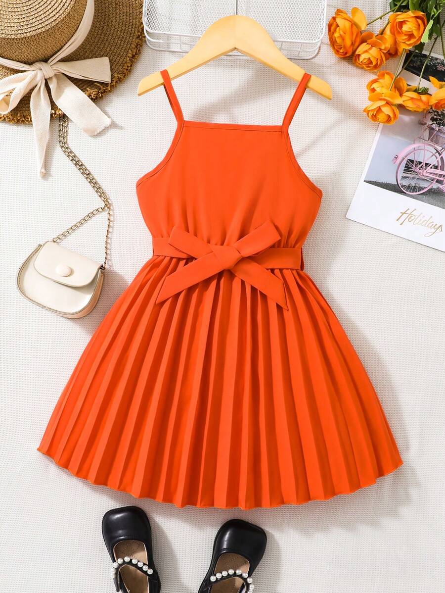 SHEIN 小女童百褶下擺腰帶吊帶洋裝 - 橘色 - 查看 1