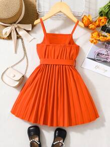 SHEIN 小女童百褶下擺腰帶吊帶洋裝 - 橘色 - 查看 2