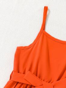 SHEIN 小女童百褶下擺腰帶吊帶洋裝 - 橘色 - 查看 3