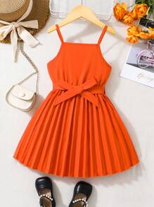 SHEIN 小女童百褶下擺腰帶吊帶洋裝 - 橘色 - 查看 4