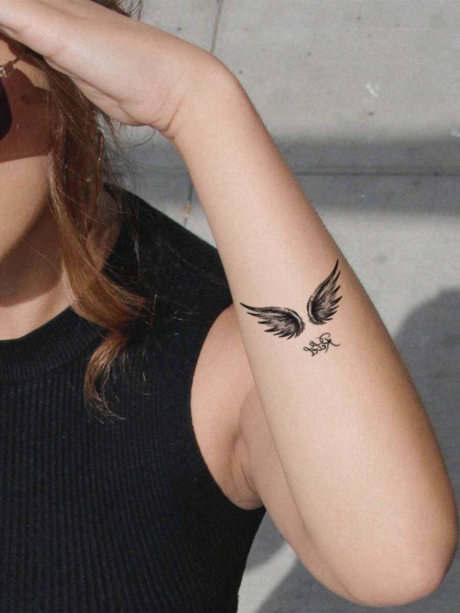 1Sheet Wing Pattern Tattoo Sticker Angle Pattern Wrist Temporary Tattoo Sticker Fake Tattoo Diy Body Art Decals - Black - View 1