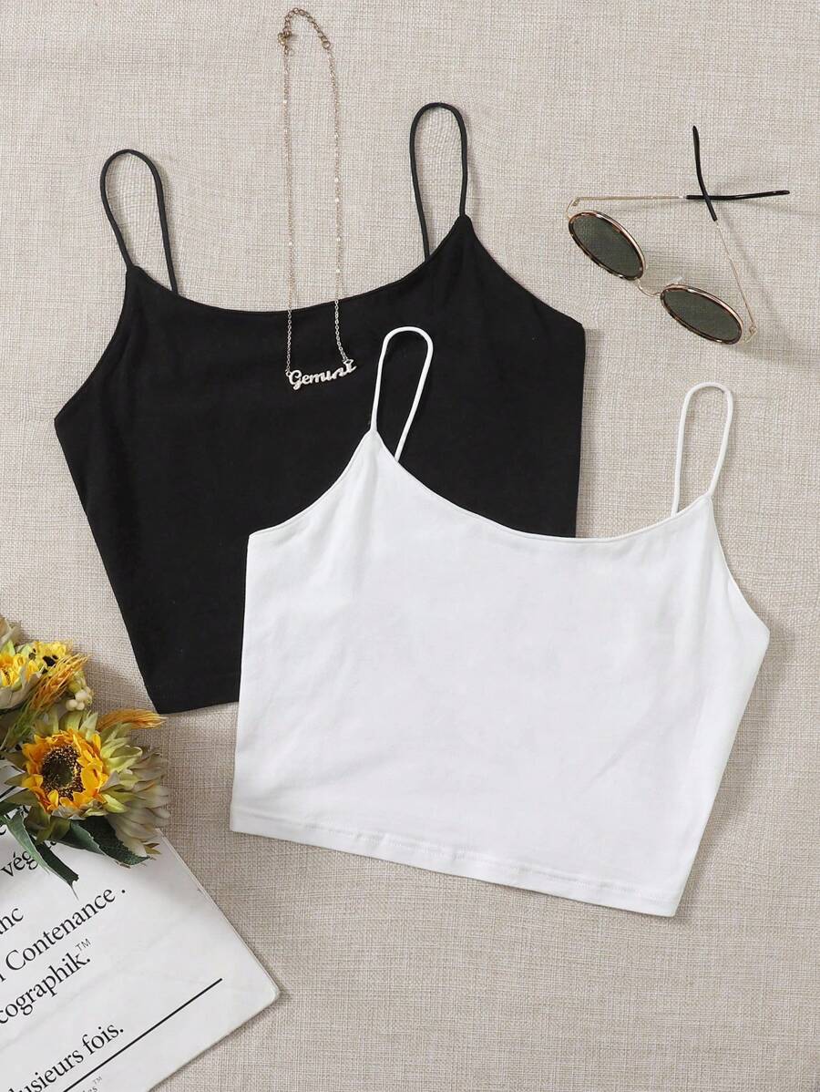 SHEIN EZwear 2入組吊帶短上衣 - 黑與白 - 查看 1