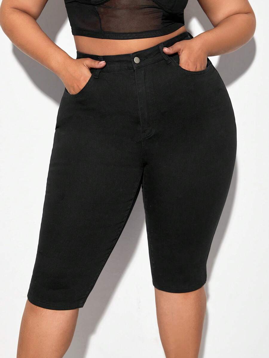 SHEIN SXY Quần Denim kích thước lớn Nút Túi Dây kéo màu trơn - màu đen - Xem 1