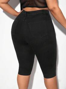 SHEIN SXY Quần Denim kích thước lớn Nút Túi Dây kéo màu trơn - màu đen - Xem 2