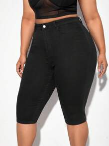 SHEIN SXY Quần Denim kích thước lớn Nút Túi Dây kéo màu trơn - màu đen - Xem 3