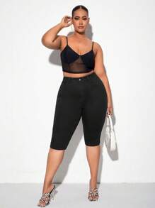 SHEIN SXY Quần Denim kích thước lớn Nút Túi Dây kéo màu trơn - màu đen - Xem 5