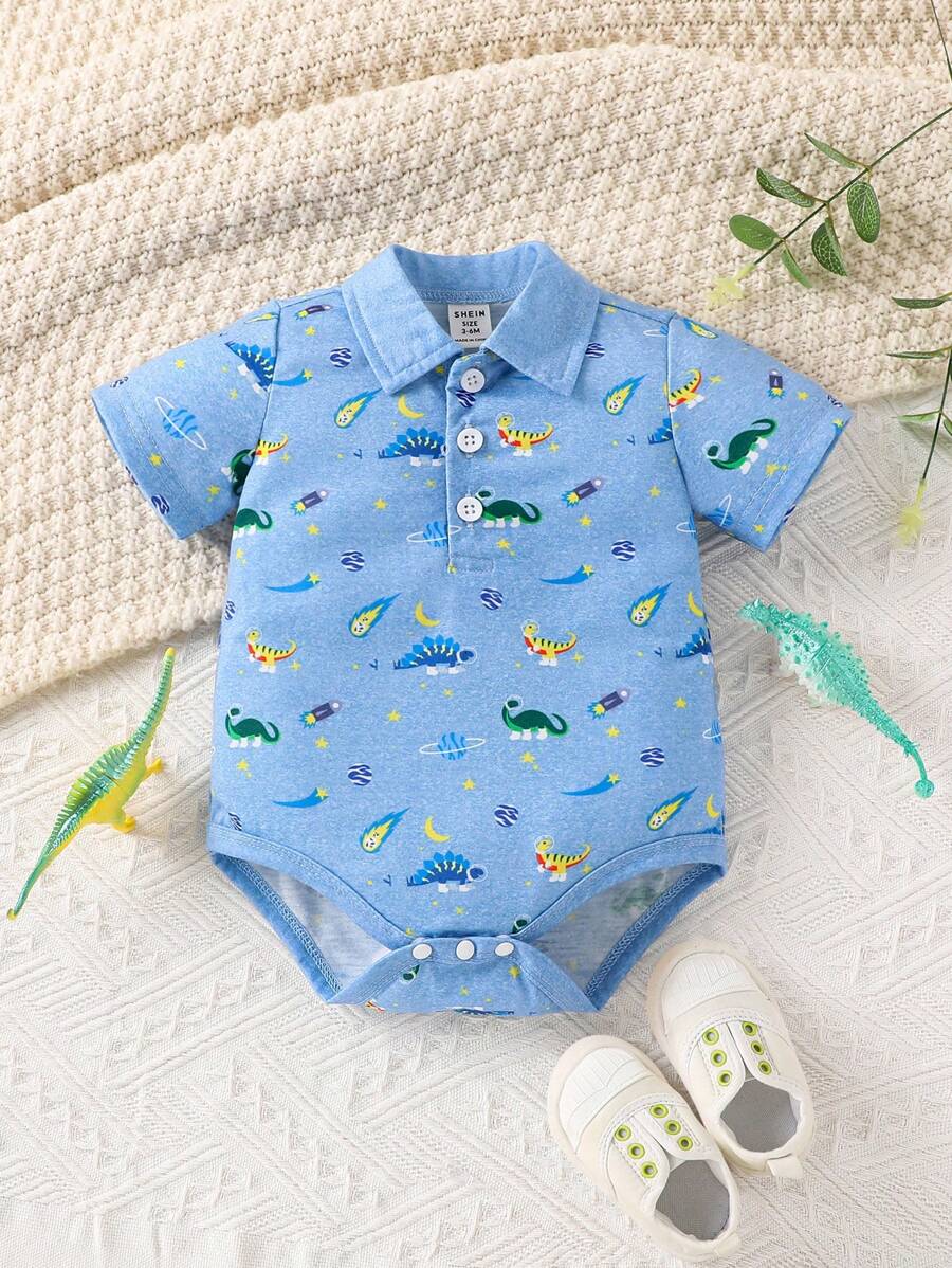 男嬰恐龍印花Polo領連體衣 - 藍色 - 查看 1