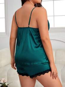 Plus Contrast Lace Satin PJ Set - Dark Green - View 2