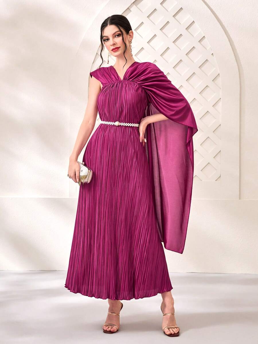 Modelyn 褶皺斗篷袖連衣裙不附腰帶 - 玫紅色 - 查看 1