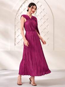 Modelyn 褶皺斗篷袖連衣裙不附腰帶 - 玫紅色 - 查看 3