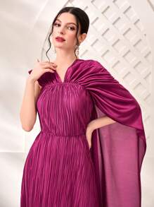 Modelyn 褶皺斗篷袖連衣裙不附腰帶 - 玫紅色 - 查看 4