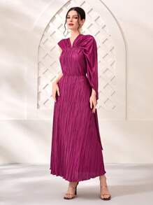 Modelyn 褶皺斗篷袖連衣裙不附腰帶 - 玫紅色 - 查看 5