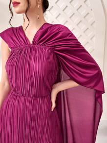 Modelyn 褶皺斗篷袖連衣裙不附腰帶 - 玫紅色 - 查看 6