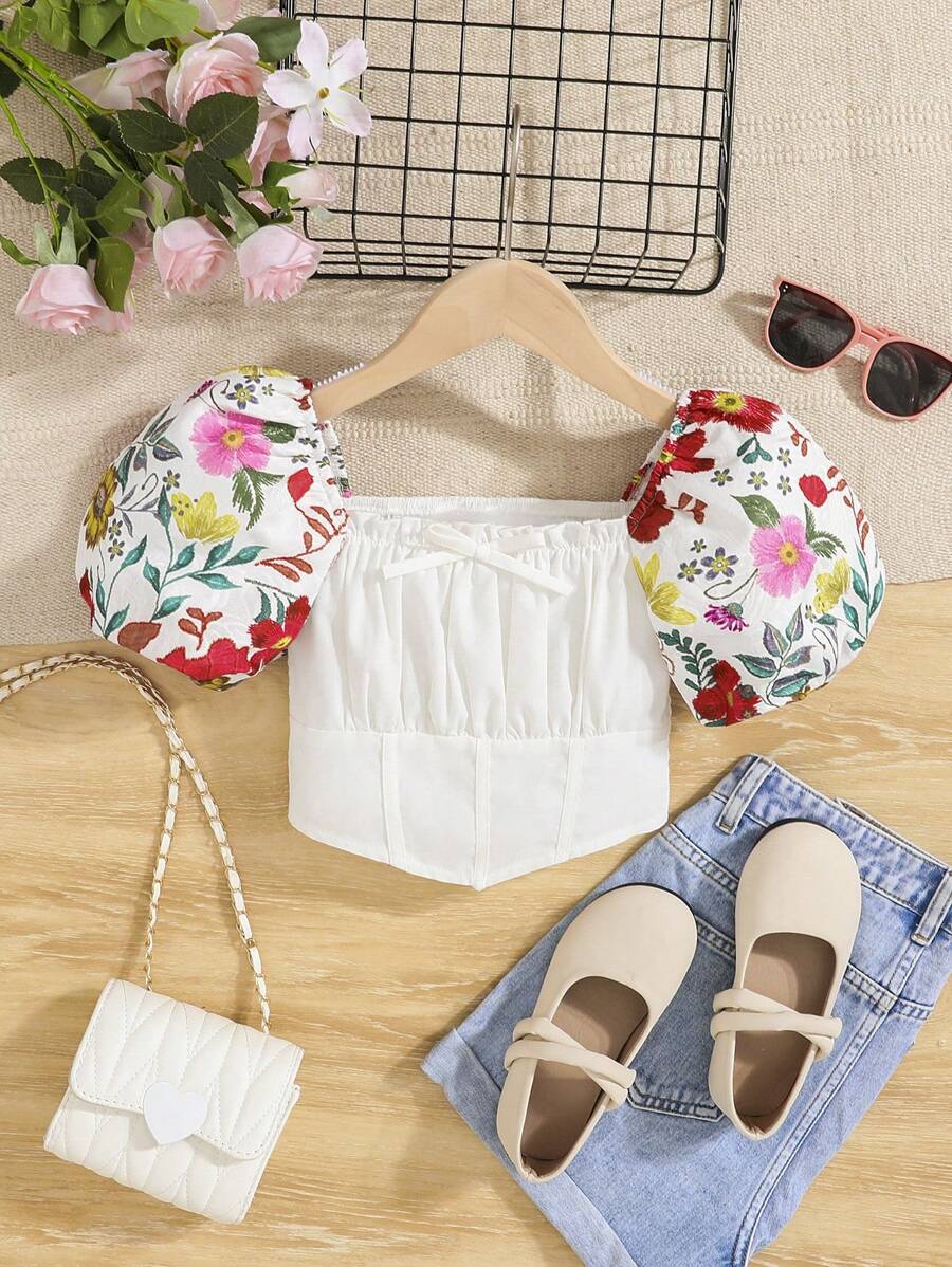 SHEIN Toddler Girls Floral Print Puff Sleeve Ruched Bust Bow Front Bandana Hem Crop Blouse - Multicolor - View 1