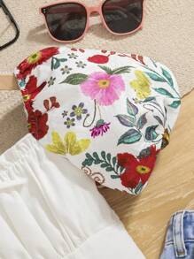 SHEIN Toddler Girls Floral Print Puff Sleeve Ruched Bust Bow Front Bandana Hem Crop Blouse - Multicolor - View 4