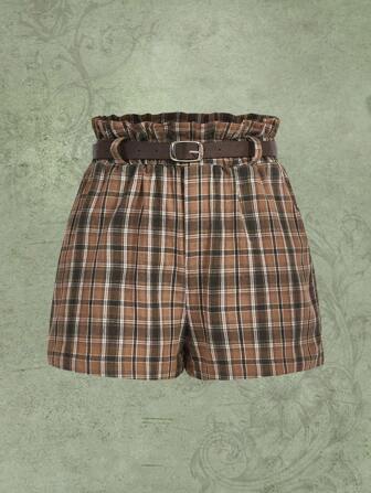 Fairycore Shorts con stampa quadri con cintura vita a volant sovrapposti