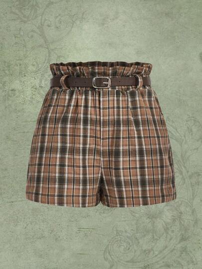 Fairycore Plaid Print Belted Paperbag Waist Shorts