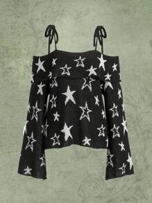 ROMWE Fairycore Hình sao Vai lạnh Áo len - Đen và trắng - Xem 1