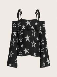 ROMWE Fairycore Hình sao Vai lạnh Áo len - Đen và trắng - Xem 2