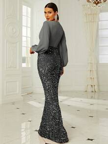 Lantern Sleeve Sequin Formal Dress Elegant Long Sleeve Prom Evening Wedding Guest Gown, For Graduation, Dinner - Grey - View 2