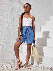 SHEIN 女孩紙袋腰卷邊附腰帶短褲 - 藍色 - 查看 3