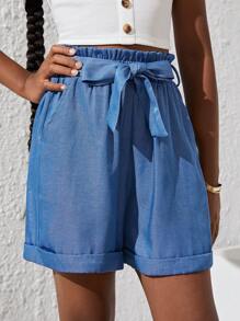 SHEIN 女孩紙袋腰卷邊附腰帶短褲 - 藍色 - 查看 5