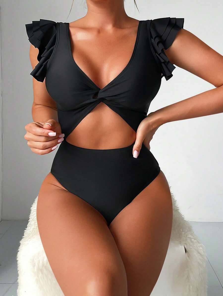 Swim Chiccia Summer Beach Cut Out Twist Front Ruffle Trim One Piece Swimsuit - Black - View 1