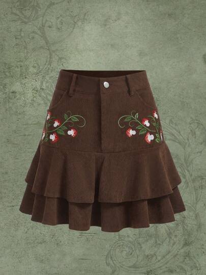 Fairycore Mushroom Embroidery Ruffle Hem Skirt