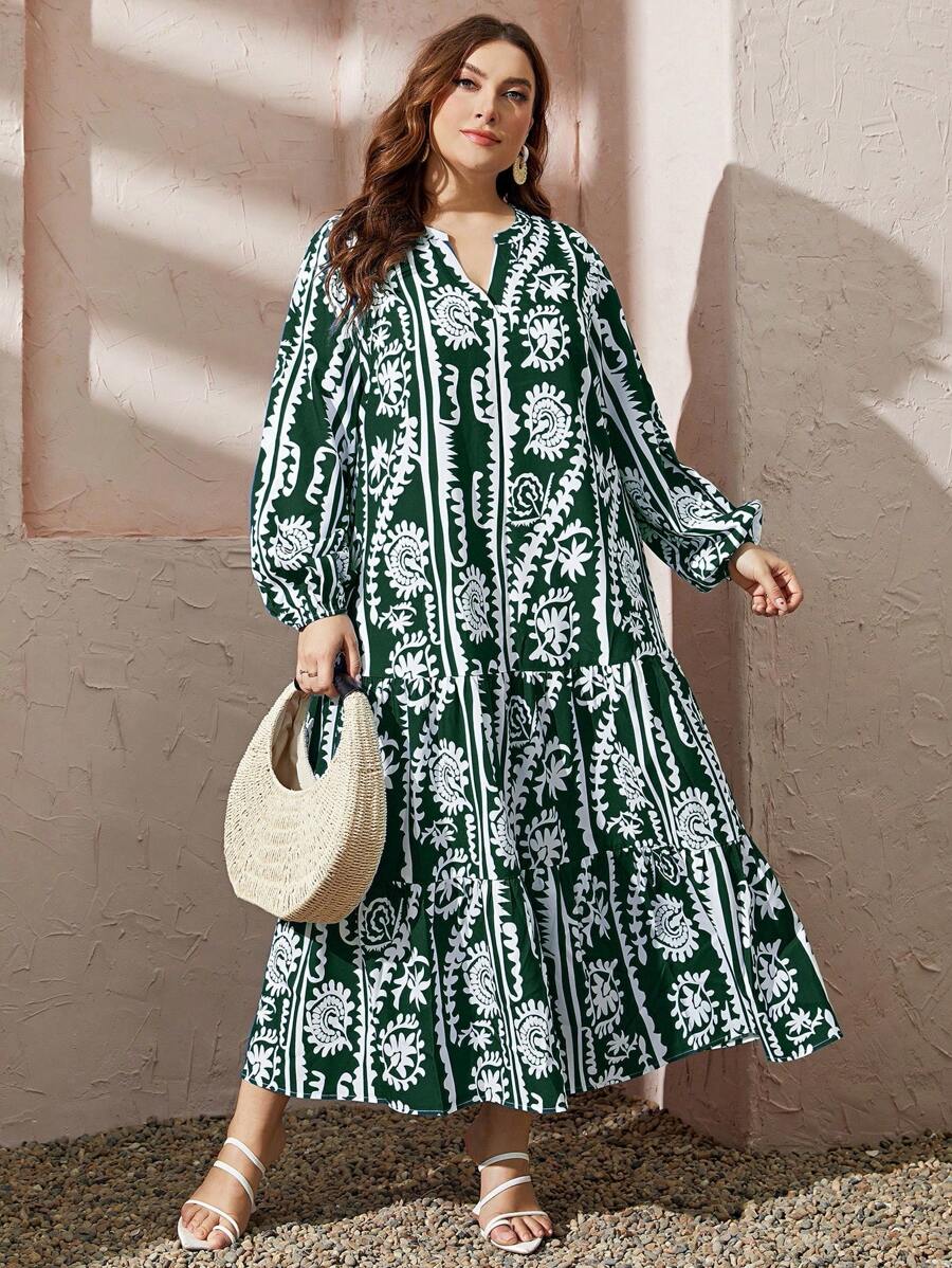 Mulvari Đầm Plus Size Viên lá sen Bộ lạc Dễ thương - Màu xanh lá cây đậm - Xem 1