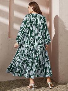 Mulvari Đầm Plus Size Viên lá sen Bộ lạc Dễ thương - Màu xanh lá cây đậm - Xem 2