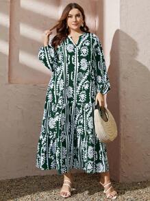 Mulvari Đầm Plus Size Viên lá sen Bộ lạc Dễ thương - Màu xanh lá cây đậm - Xem 3