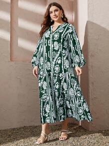 Mulvari Đầm Plus Size Viên lá sen Bộ lạc Dễ thương - Màu xanh lá cây đậm - Xem 4