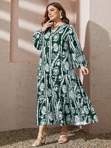 Mulvari Đầm Plus Size Viên lá sen Bộ lạc Dễ thương - Màu xanh lá cây đậm - Xem 5