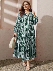 Mulvari Đầm Plus Size Viên lá sen Bộ lạc Dễ thương - Màu xanh lá cây đậm - Xem 6