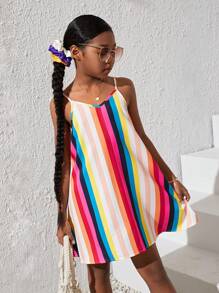 SHEIN Leap Crew Tween Girl Casual Loose Rainbow Striped Adjustable Strap Dress - Multicolor - View 2