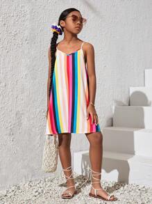 SHEIN Leap Crew Tween Girl Casual Loose Rainbow Striped Adjustable Strap Dress - Multicolor - View 4