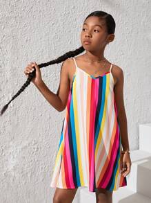 SHEIN Leap Crew Tween Girl Casual Loose Rainbow Striped Adjustable Strap Dress - Multicolor - View 5