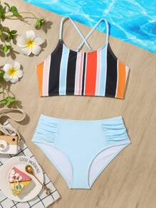 Tween Girl Striped Ruched Bikini Set Summer Beach - Baby Blue - View 1