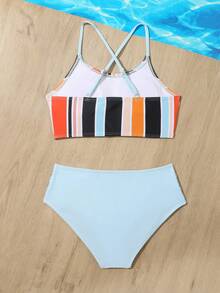 Tween Girl Striped Ruched Bikini Set Summer Beach - Baby Blue - View 2