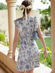 SHEIN Đầm Cắt ra Xù Dây kéo Hoa Tất cả trên in Retro - Màu xanh lam - Xem 2