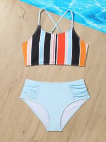 Tween Girl Striped Ruched Bikini Set Summer Beach - Baby Blue - View 4