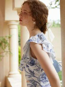 SHEIN Đầm Cắt ra Xù Dây kéo Hoa Tất cả trên in Retro - Màu xanh lam - Xem 3