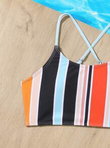 Tween Girl Striped Ruched Bikini Set Summer Beach - Baby Blue - View 5