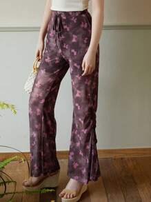 SHEIN Casual Volledig geprint Dames broeken Koord Ruches Zeeg