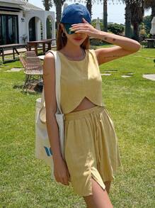 Dazy Designer Solid Tank Top & Split Hem Shorts,Women Two Pieces Sets