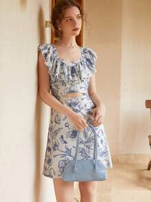 SHEIN Đầm Cắt ra Xù Dây kéo Hoa Tất cả trên in Retro - Màu xanh lam - Xem 7