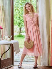 SHEIN Solid Tie Front Ruched Bust Dress Sundress