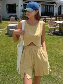 Dazy Designer Solid Tank Top & Split Hem Shorts,Women Two Pieces Sets